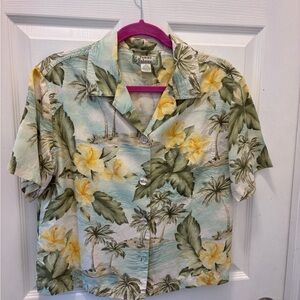 Tommy Bahama 100% Silk Shirt with Cream and Green Floral Pattern